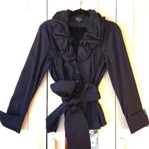 Navy blue Adrianna Papell structured ruffle-collared blouse with bow tied waist